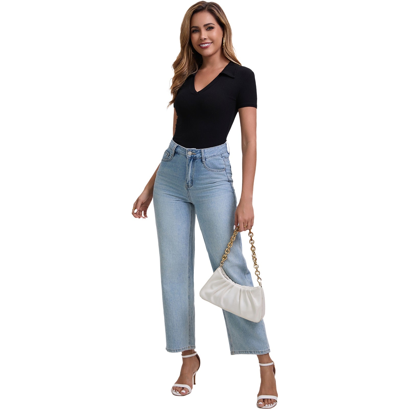 Women's Short Sleeve Stretch Shirts V Neck Soft Polo Shirt-004