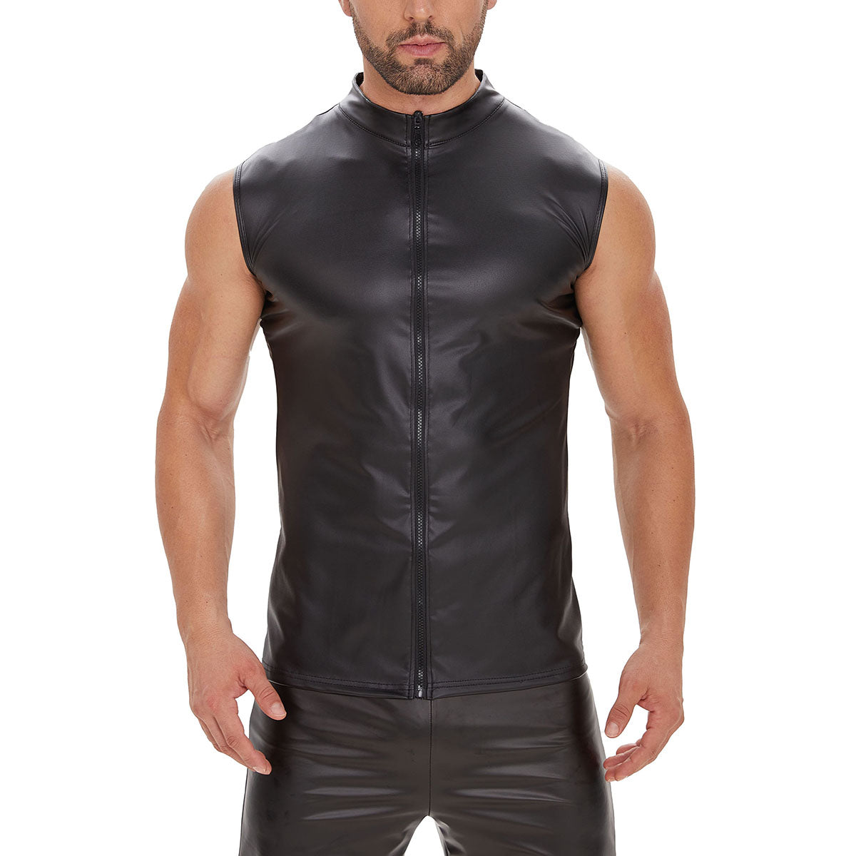 Galabris Men's Soft Matte Leather Tank Top Full Zipper Slim Fitted Shirt-240