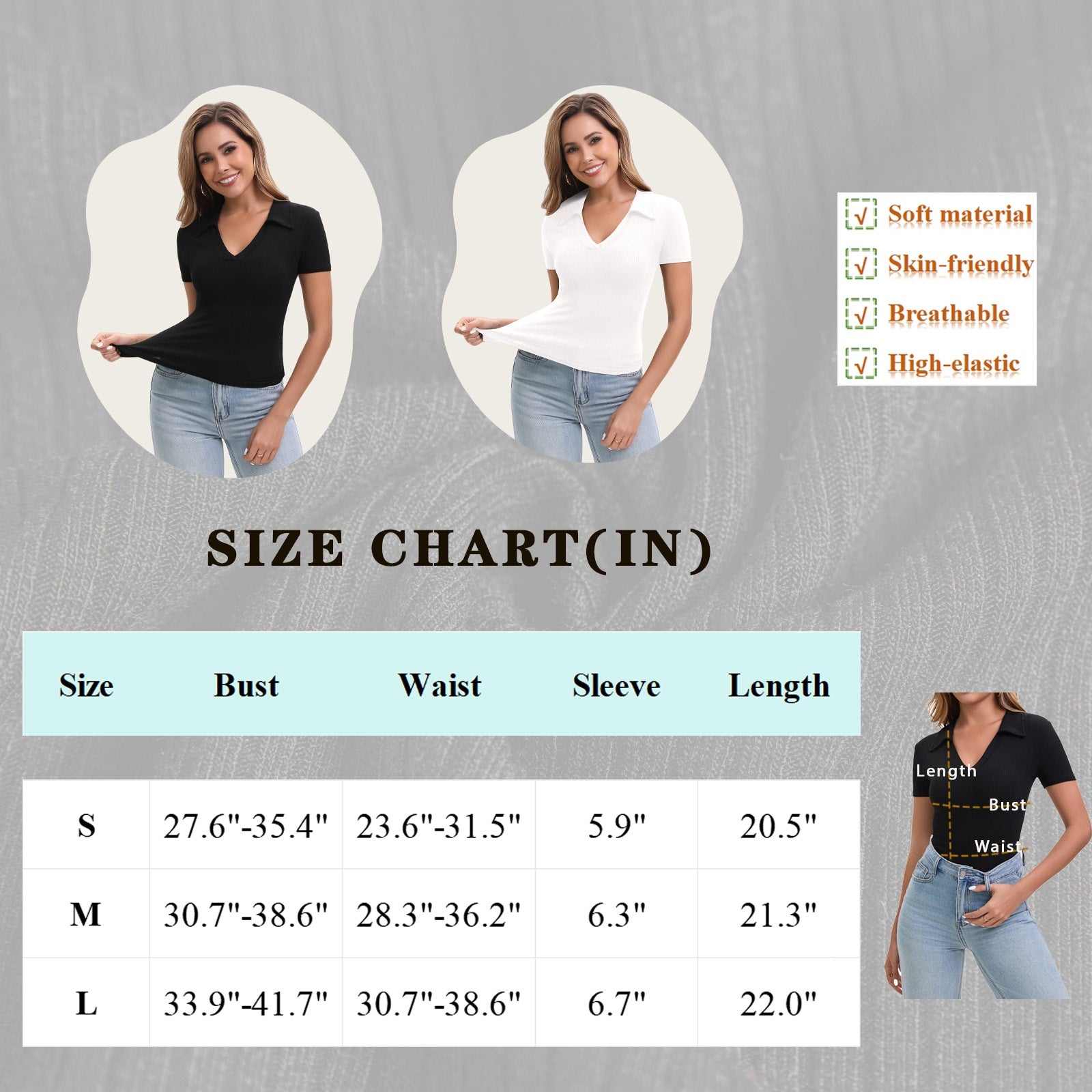 Women's Short Sleeve Stretch Shirts V Neck Soft Polo Shirt-004