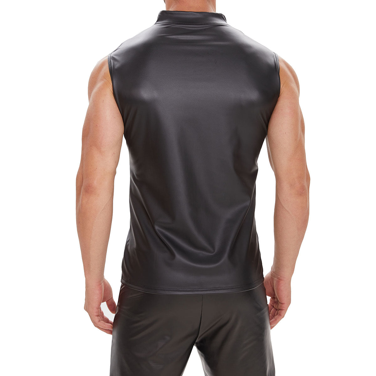 Galabris Men's Soft Matte Leather Tank Top Full Zipper Slim Fitted Shirt-240