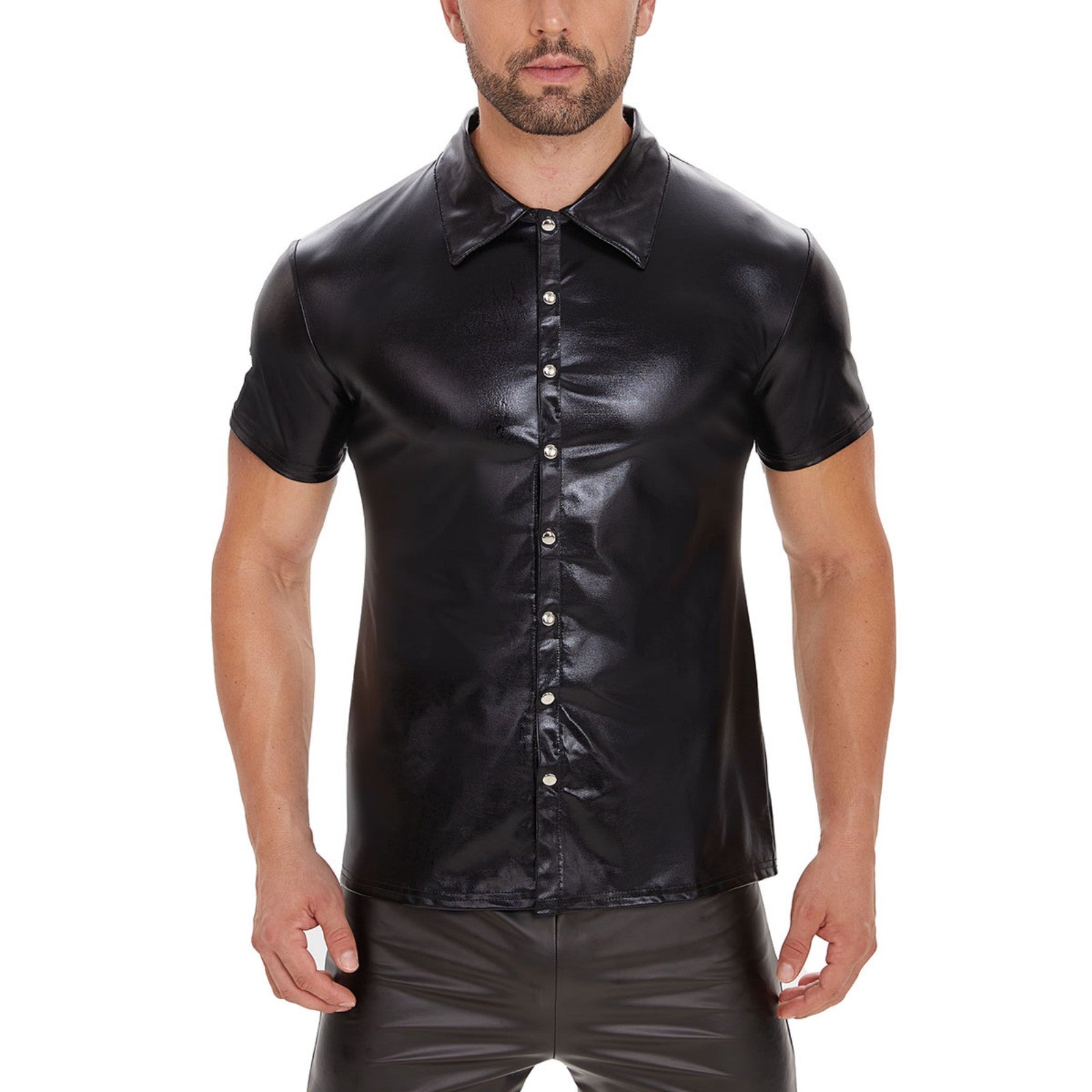 Galabris Men's Patent Leather Shirt Short Sleeve Basic Lapel T-Shirts -254