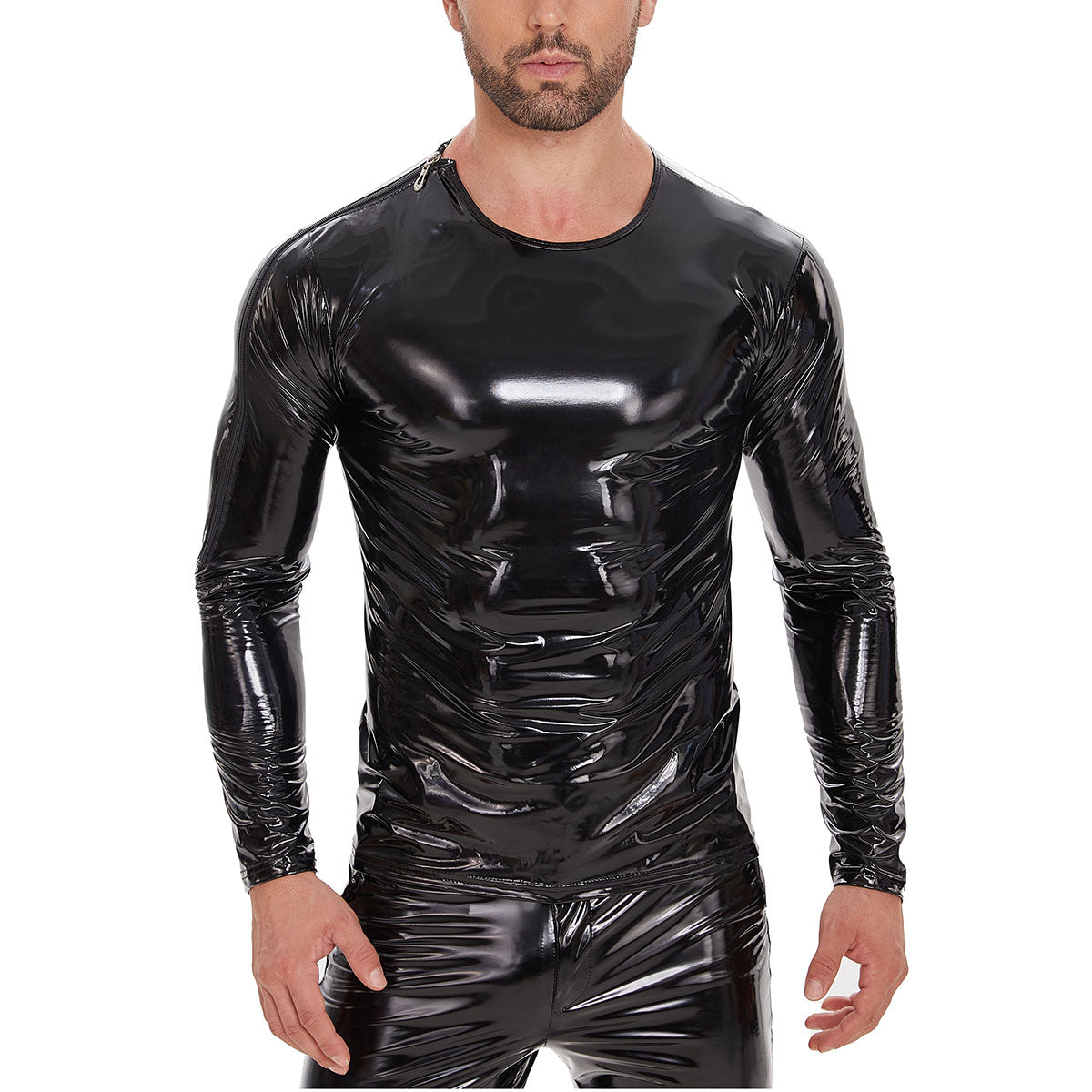 Galabris Men's Shiny Leather T-Shirt Long Sleeve Stretch Fit Top -258