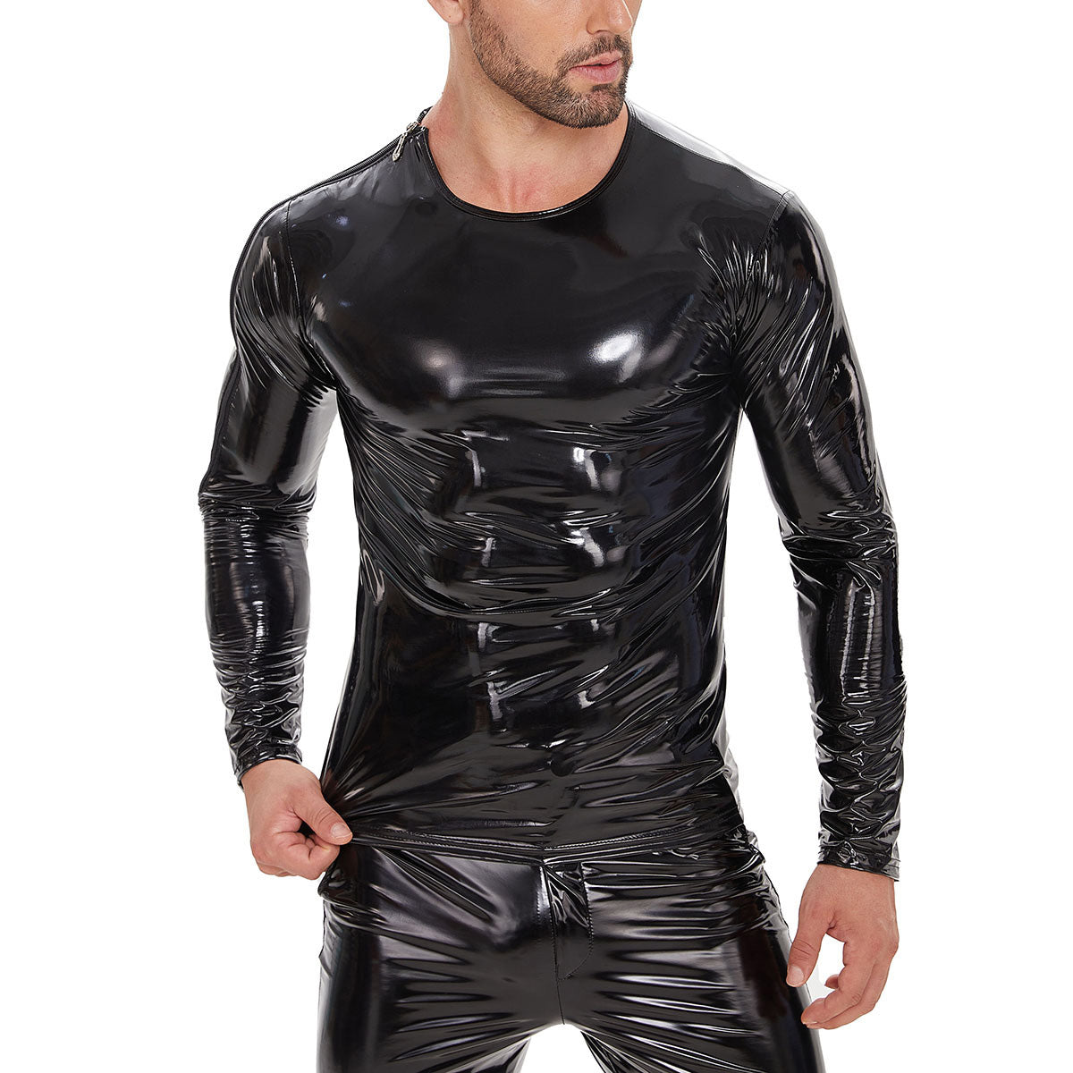 Galabris Men's Shiny Leather T-Shirt Long Sleeve Stretch Fit Top -258