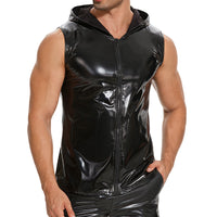 Galabris Men's Shiny Leather Tank Top Hoodies Shirts Sleeveless -246