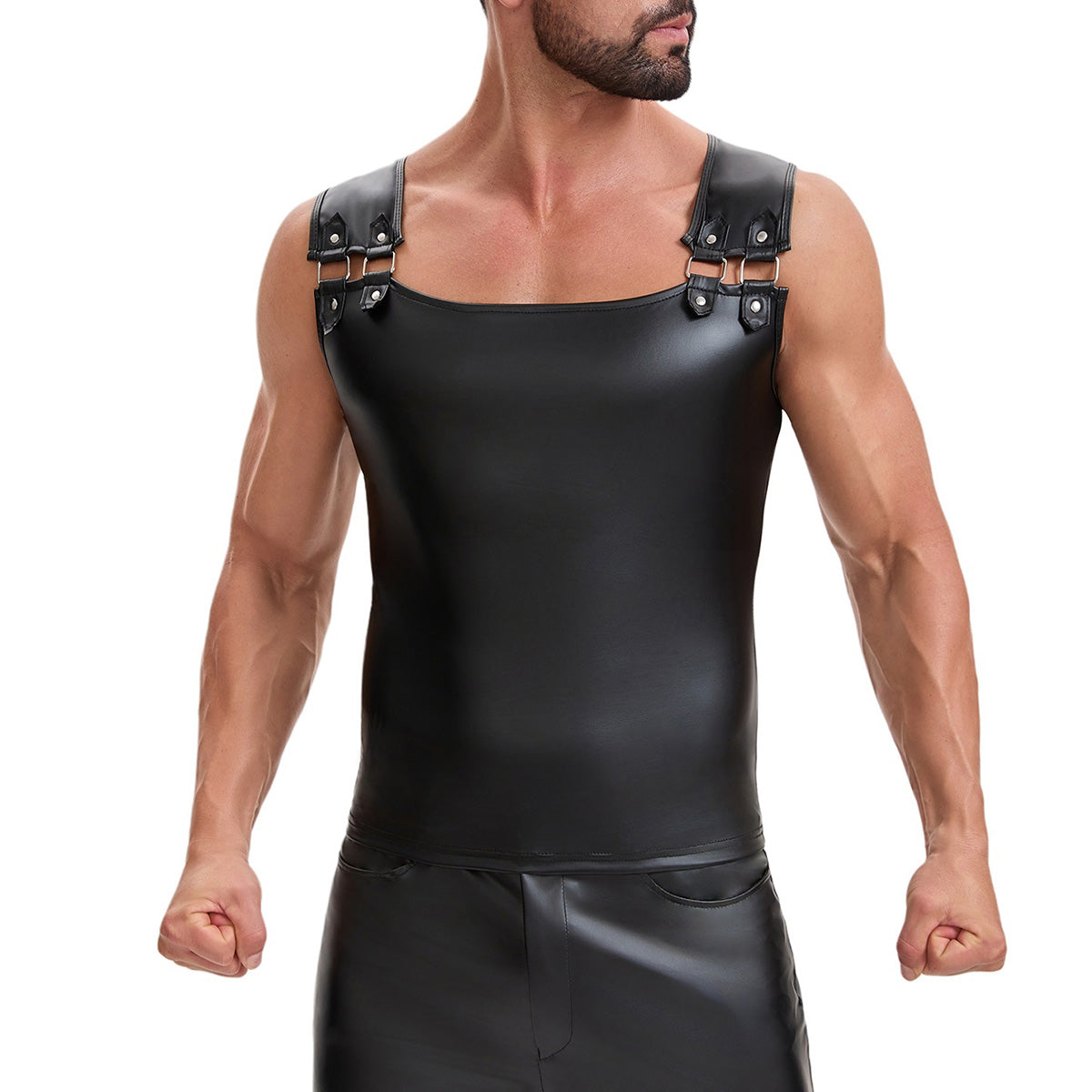 Men's Soft Matte Leather Tank Top, Shiny Trim Shoulder Strap Jacket, Slim Fit Casual Stretch Vest Solid