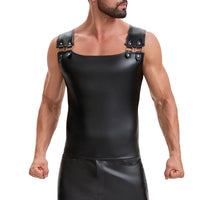 Men's Soft Matte Leather Tank Top, Shiny Trim Shoulder Strap Jacket, Slim Fit Casual Stretch Vest Solid