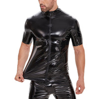 Galabris Men's Shiny Leather Shirt Short Sleeve Full Zipper Causal Coat -250