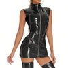 Women's Shiny Leather Mini Dress Full Zipper Sleeveless Bodycon Dress-267