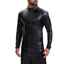 Mens Shiny Soft Leather Stand Collar Jacket Sexy Full Zipper Long Sleeve Shirts Solid Slim Fitted Stretch Tops