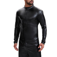 Mens Shiny Soft Leather Stand Collar Jacket Sexy Full Zipper Long Sleeve Shirts Solid Slim Fitted Stretch Tops