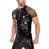 Galabris Men's Shiny Leather T-Shirt Mesh Short Sleeve Half-zip Tops -251