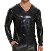 Galabris Men's V-Neck Long Sleeve T-shirt PU Leather Shirt Clubwear-259
