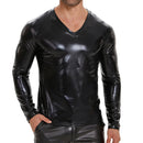 Galabris Men's V-Neck Long Sleeve T-shirt PU Leather Shirt Clubwear-259