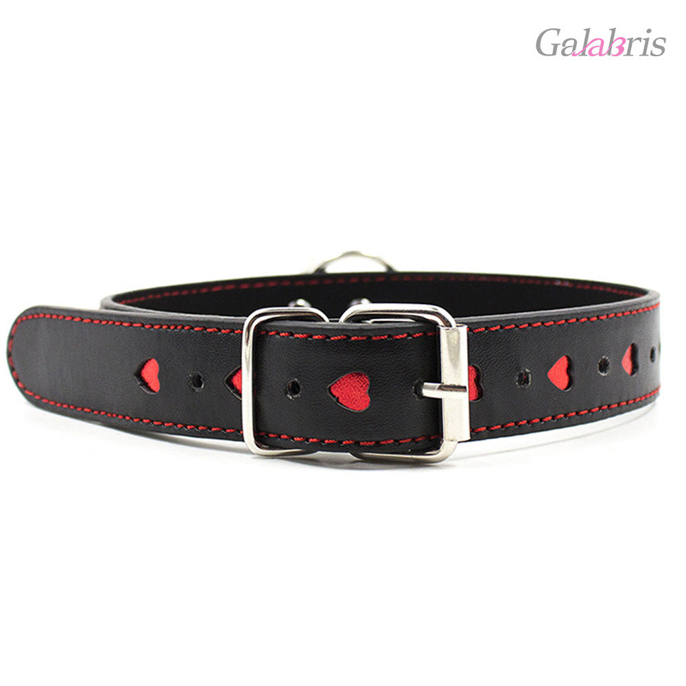 PU Leather Heart Cutout Collar with Chain Leash Adjustable BDSM Choker-015