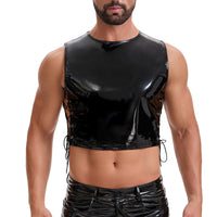 Mens Glossy Leather Cropped Tank Top, Sexy Drawstring Pullover Cami Vest, Slim Fitted Motorcycle Jacket Party