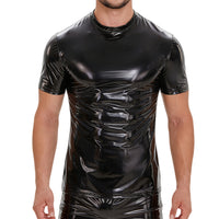 Galabris Men's Shiny Leather T-Shirt Short Sleeve Causal Crew Neck Shirt -255
