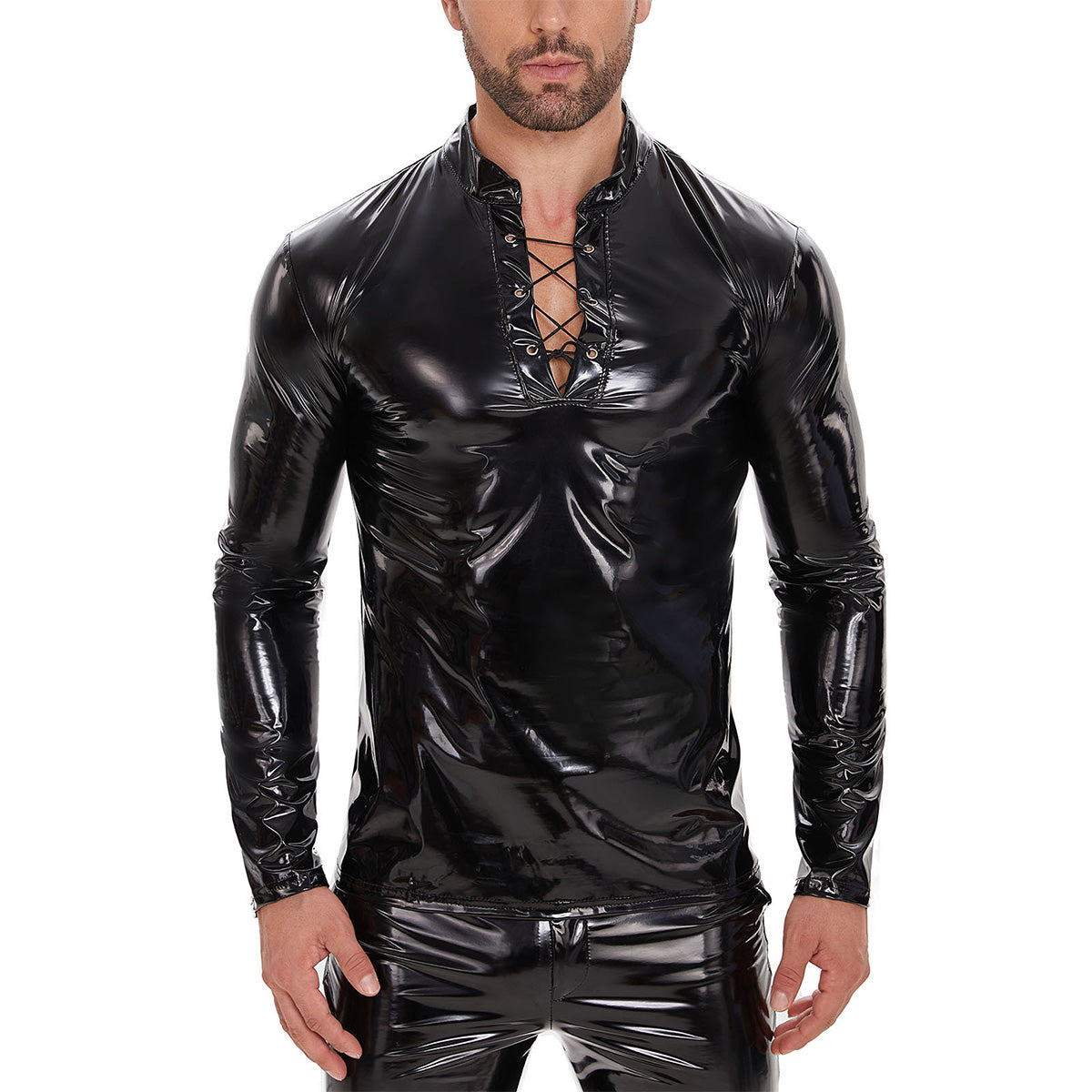 Galabris Men's Shiny Leather T-shirt Long Sleeve Lace Up Jacket Clubwear -256