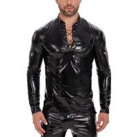 Galabris Men's Shiny Leather T-shirt Long Sleeve Lace Up Jacket Clubwear -256