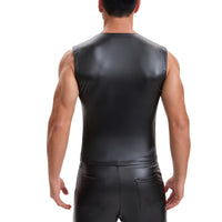 Mens Soft Stretch Leather Tank Tops, Sexy Button Up V-Neck Vest Pocket, Back Buckled Casual Solid Cami Shirt