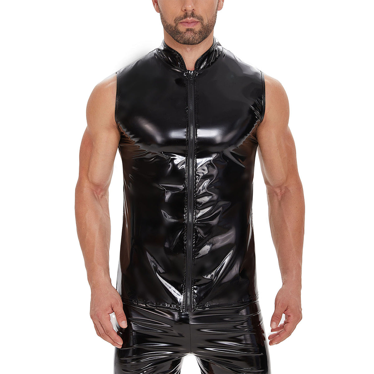 Galabris Men's Shiny Leather Casual Shirt Sleeveless Full Zipper -241