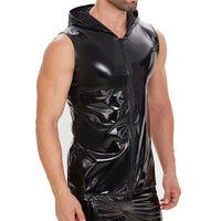 Galabris Men's Shiny Leather Tank Top Hoodies Shirts Sleeveless -246