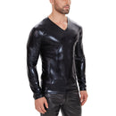 Galabris Men's V-Neck Long Sleeve T-shirt PU Leather Shirt Clubwear-259
