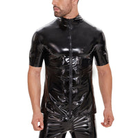 Galabris Men's Shiny Leather Shirt Short Sleeve Full Zipper Causal Coat -250