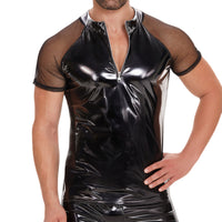 Galabris Men's Shiny Leather T-Shirt Mesh Short Sleeve Half-zip Tops -251