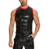 Galabris Men's Shiny Leather T-Shirt Crew Neck Front Zip Tank Top-243