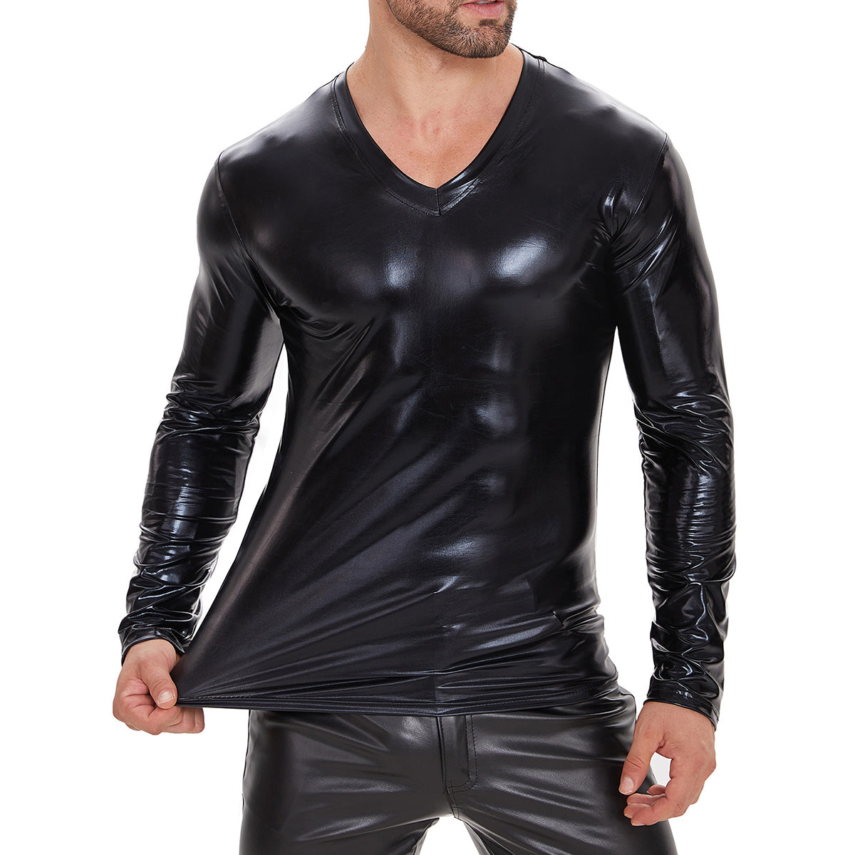 Galabris Men's V-Neck Long Sleeve T-shirt PU Leather Shirt Clubwear-259