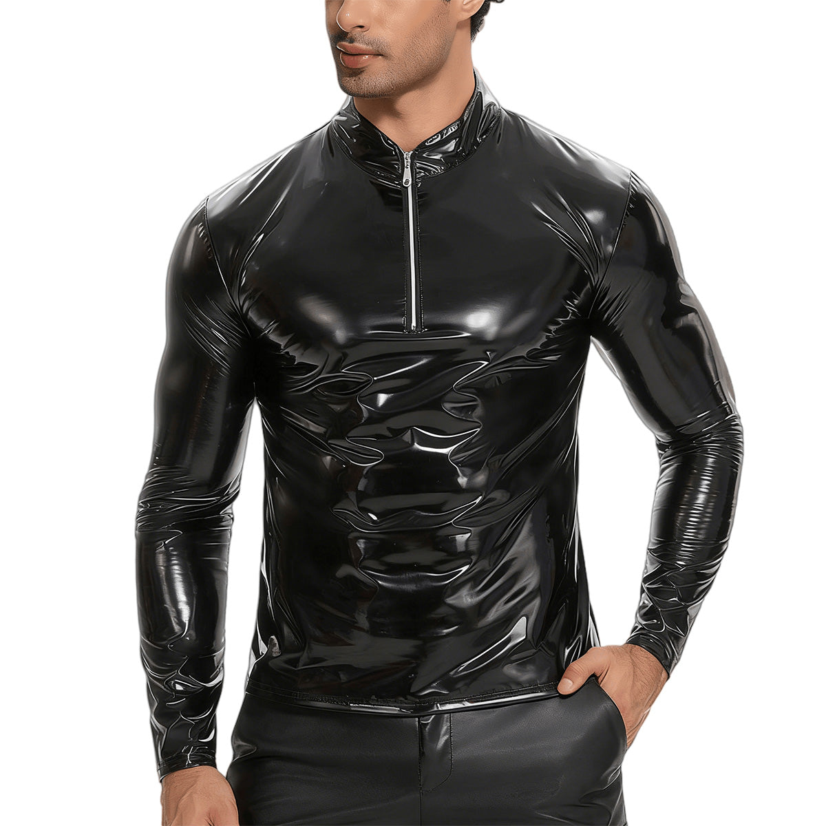 Galabris Men's Shiny Leather Shirt Long Sleeve Slim Fit Casual Tops -257