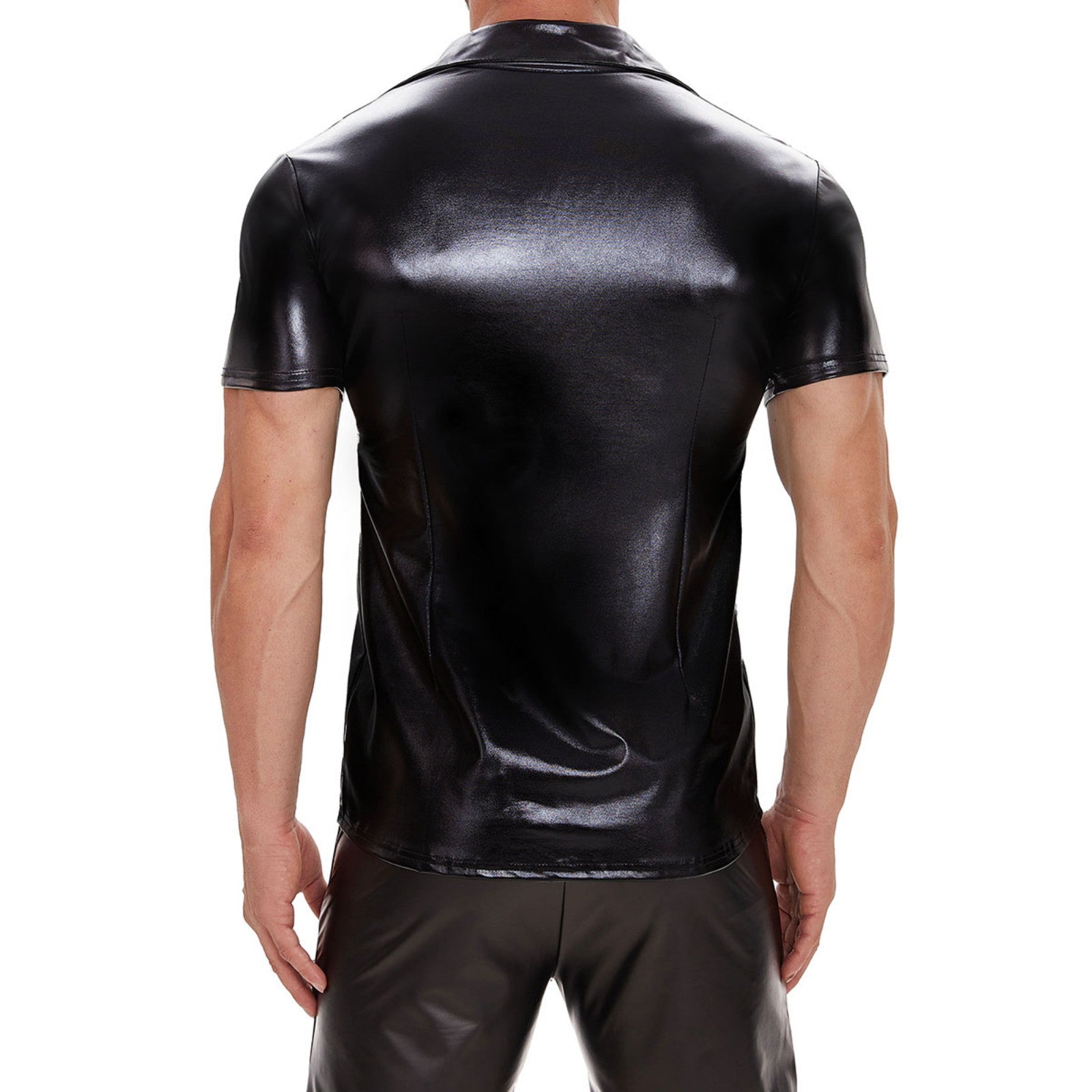 Galabris Men's Patent Leather Shirt Short Sleeve Basic Lapel T-Shirts -254