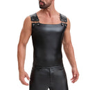Men's Soft Matte Leather Tank Top, Shiny Trim Shoulder Strap Jacket, Slim Fit Casual Stretch Vest Solid