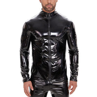 Galabris Men’s Faux Leather Full-zip Jacket Shiny Slim Fit Stretch Top-260