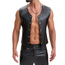 Mens Soft Stretch Leather Tank Tops, Sexy Button Up V-Neck Vest Pocket, Back Buckled Casual Solid Cami Shirt