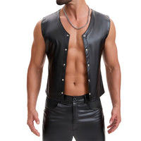 Mens Soft Stretch Leather Tank Tops, Sexy Button Up V-Neck Vest Pocket, Back Buckled Casual Solid Cami Shirt