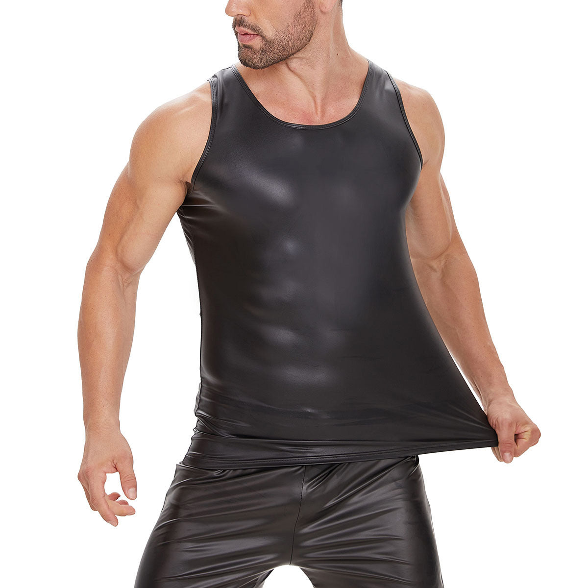 Galabris Men's Slim Fit Black Tank Top Soft Matte Leather Vest -244
