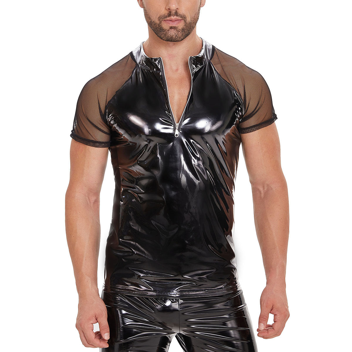 Galabris Men's Shiny Leather T-Shirt Mesh Short Sleeve Half-zip Tops -251