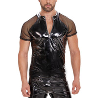 Galabris Men's Shiny Leather T-Shirt Mesh Short Sleeve Half-zip Tops -251