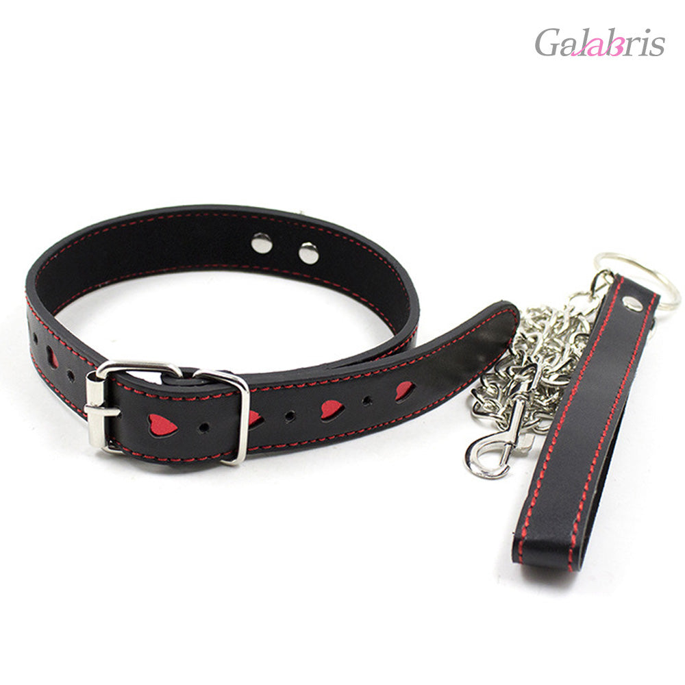 PU Leather Heart Cutout Collar with Chain Leash Adjustable BDSM Choker-015