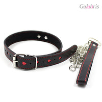 PU Leather Heart Cutout Collar with Chain Leash Adjustable BDSM Choker-015