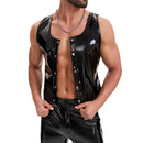 Men's Shiny Leather Tank Top, Sexy Slim Fit Crewneck Vest, Wetlook Casual Button Motorcycle Jacket Solid