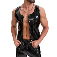 Men's Shiny Leather Tank Top, Sexy Slim Fit Crewneck Vest, Wetlook Casual Button Motorcycle Jacket Solid