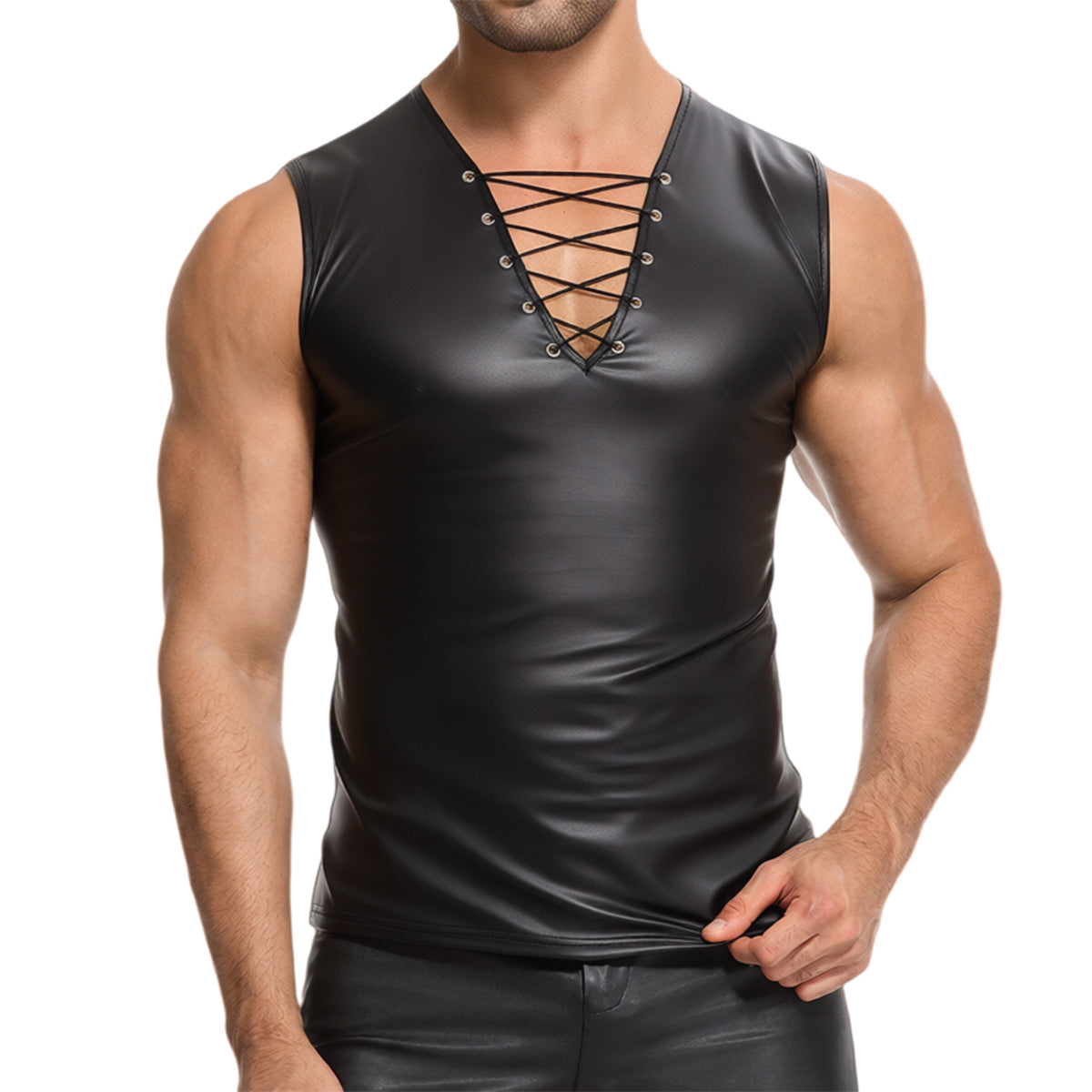 Galabris Men's Faux Leather Sleeveless Lace-Up Tank Top Muscle Shirt  -248