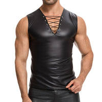 Galabris Men's Faux Leather Sleeveless Lace-Up Tank Top Muscle Shirt  -248
