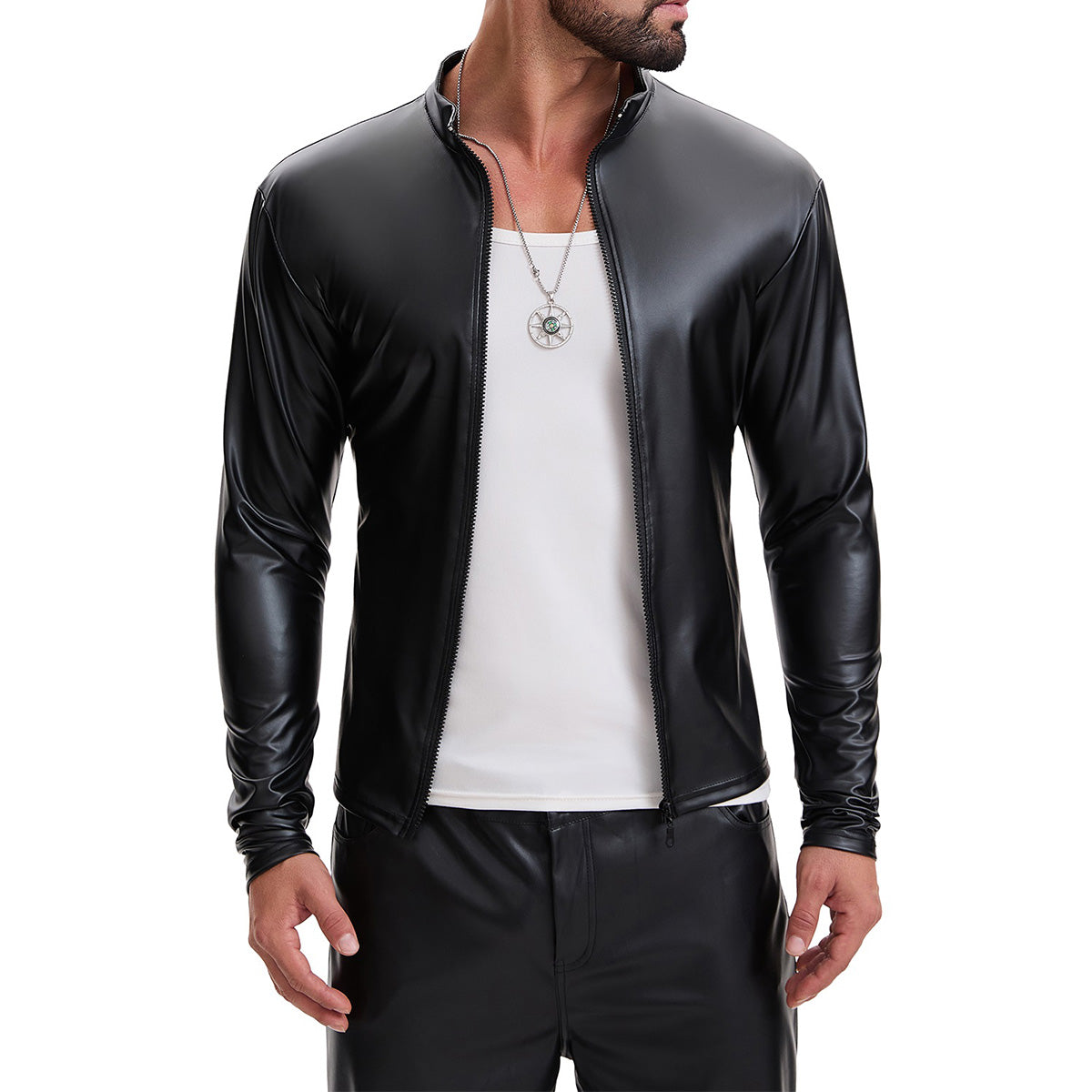 Mens Shiny Soft Leather Stand Collar Jacket Sexy Full Zipper Long Sleeve Shirts Solid Slim Fitted Stretch Tops