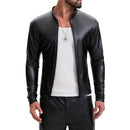 Mens Shiny Soft Leather Stand Collar Jacket Sexy Full Zipper Long Sleeve Shirts Solid Slim Fitted Stretch Tops