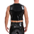 Mens Glossy Leather Cropped Tank Top, Sexy Drawstring Pullover Cami Vest, Slim Fitted Motorcycle Jacket Party
