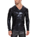 Galabris Men's V-Neck Long Sleeve T-shirt PU Leather Shirt Clubwear-259