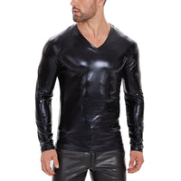 Galabris Men's V-Neck Long Sleeve T-shirt PU Leather Shirt Clubwear-259